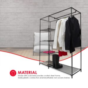 Home Basics Freestanding Storage Closet with Shelves, Grey | Open Design | 4 Tiers | Easy to Assemble | Steel Frame | Woven Fabric Shelves | Fold, Hang and Store All Essentials