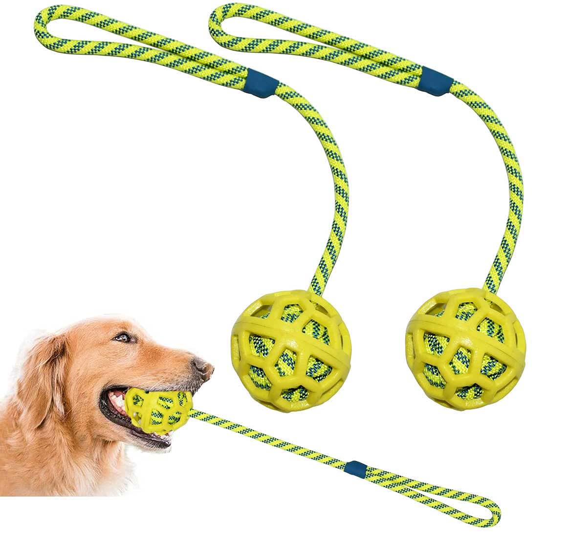 BlueHomy Dog Rope Toys Training Ball -On Rubber, Toy with Handle, Exercise and Reward for Dogs Chew,Dog Pull Toy- Throw - Tug Fetch , Gifts Set of 2, DTB1001YEL-2X, Yellow