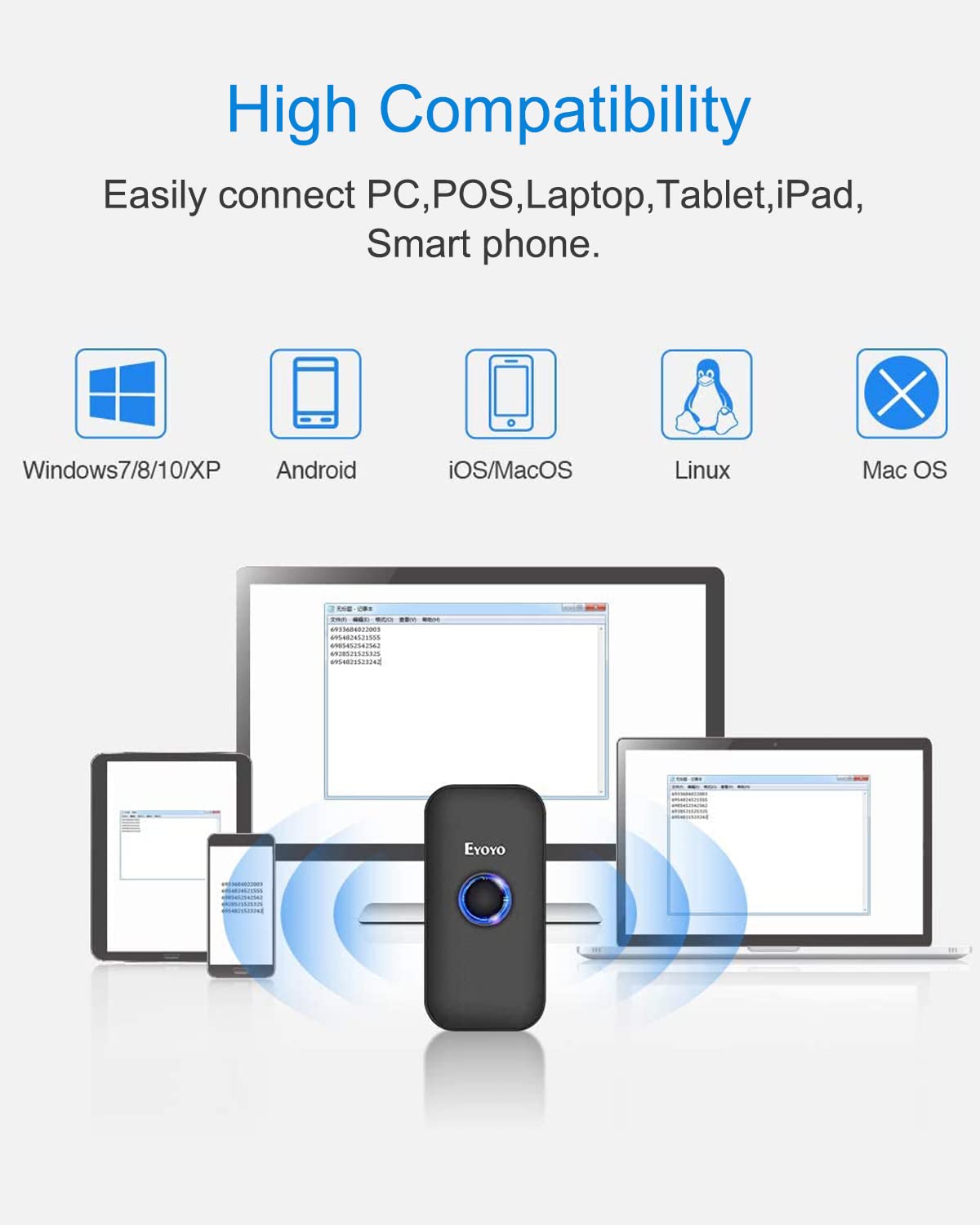 Eyoyo Mini 1D Bluetooth Barcode Scanner with Case, 3-in-1 Bluetooth & USB Wired & 2.4G Wireless Barcode Reader Portable Bar Code Scanning Work with Windows, Android, iOS, Tablets or Computers(Black)