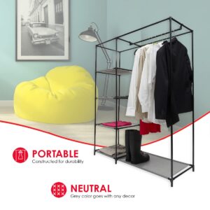 Home Basics Freestanding Storage Closet with Shelves, Grey | Open Design | 4 Tiers | Easy to Assemble | Steel Frame | Woven Fabric Shelves | Fold, Hang and Store All Essentials