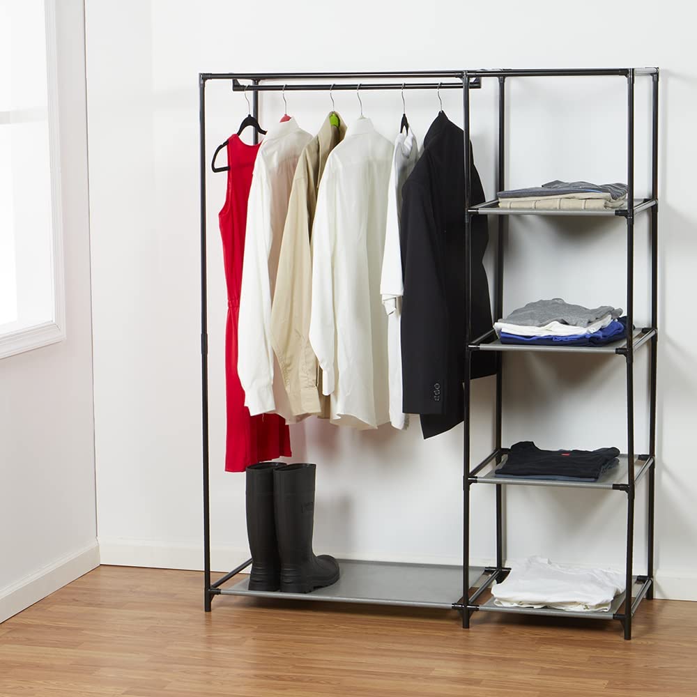 Home Basics Freestanding Storage Closet with Shelves, Grey | Open Design | 4 Tiers | Easy to Assemble | Steel Frame | Woven Fabric Shelves | Fold, Hang and Store All Essentials