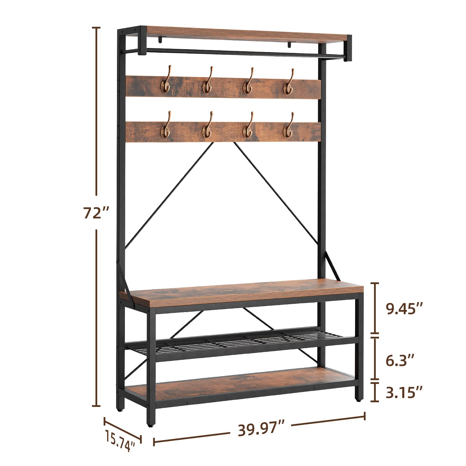 IDEALHOUSE Coat Rack Shoe Bench Industrial Hall Tree Storage Bench for Entryway, Wood Look Accent Large Shoe Rack Bench with Storage Shelf Hanging Bar,8 Hooks Rustic Brown 39.9"x15.7"x72"