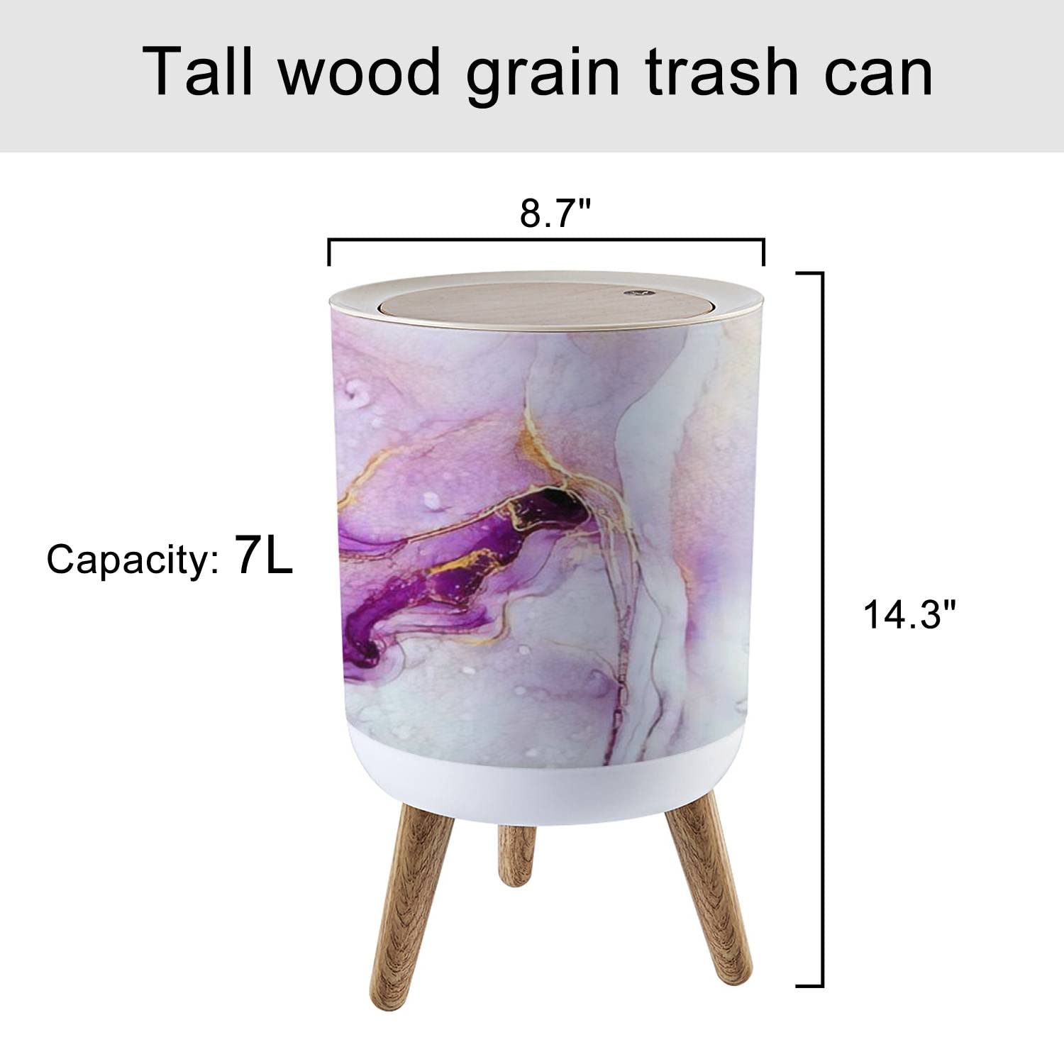 Small Trash Can with Lid Pink Purple Waves With Gold Backdrop Marble Ink Arwork Alcohol Ink Round Recycle Bin Press Top Dog Proof Wastebasket for Kitchen Bathroom Bedroom Office 7L/1.8 Gallon