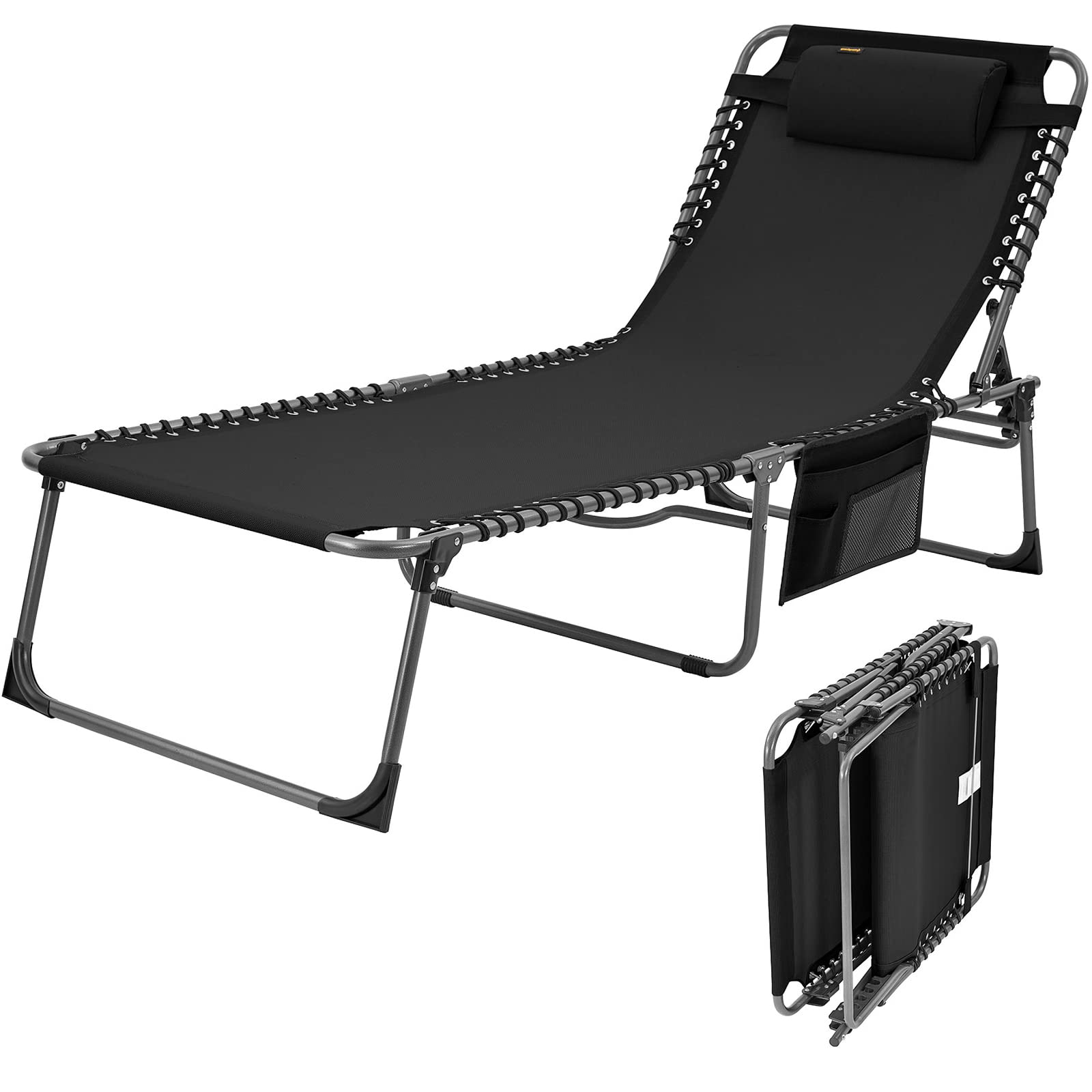 KingCamp Oversized Adjustable Folding Chaise Lounge Chair for Outdoor Patio Beach Lawn Pool Sunbathing Tanning, Heavy Duty Portable Camping Recliner with Pillow, Supports 330lbs, Black