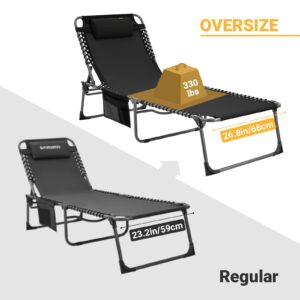 KingCamp Oversized Adjustable Folding Chaise Lounge Chair for Outdoor Patio Beach Lawn Pool Sunbathing Tanning, Heavy Duty Portable Camping Recliner with Pillow, Supports 330lbs, Black