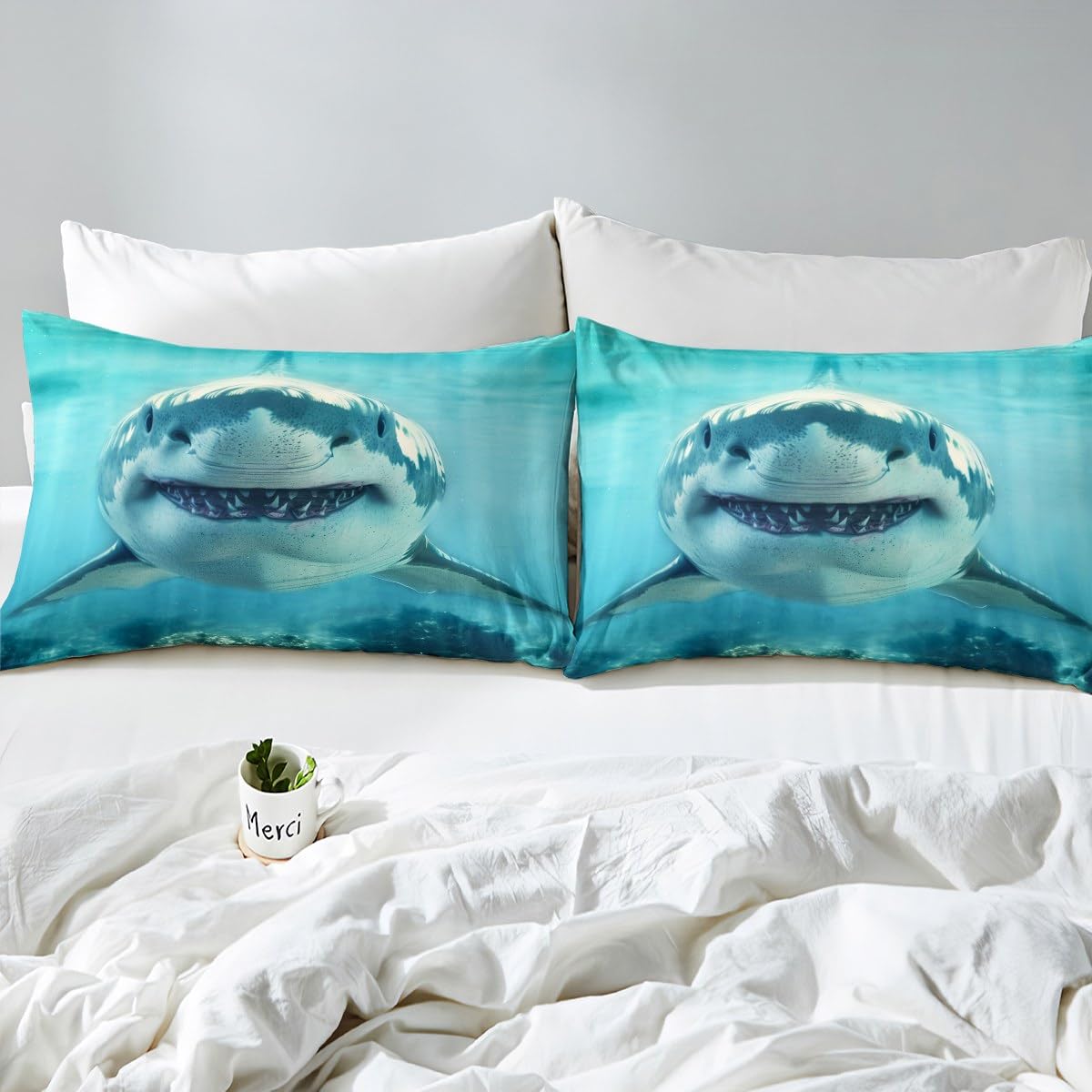 Shark Pattern Bedding Set Twin Size for Kids Boys Bedroom,Sea Animals Bed Duvet Cover Set,Shark Fish Print Comforter Cover Hawaiian Beach Decor 2 Pieces 1 Duvet Cover with 1 Pillowcase（No Comforter）