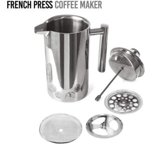 French Press Coffee Maker Stainless Steel Screen Double Walled Percolator Coffee Pot Tea Press Espresso Maker Stylish Rust Free Kitchen Accessory-Stainless Steel French Press Easy to Use