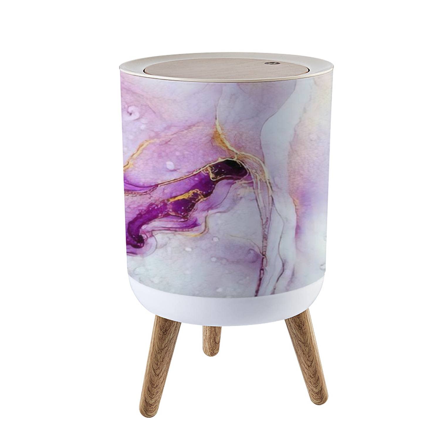 Small Trash Can with Lid Pink Purple Waves With Gold Backdrop Marble Ink Arwork Alcohol Ink Round Recycle Bin Press Top Dog Proof Wastebasket for Kitchen Bathroom Bedroom Office 7L/1.8 Gallon