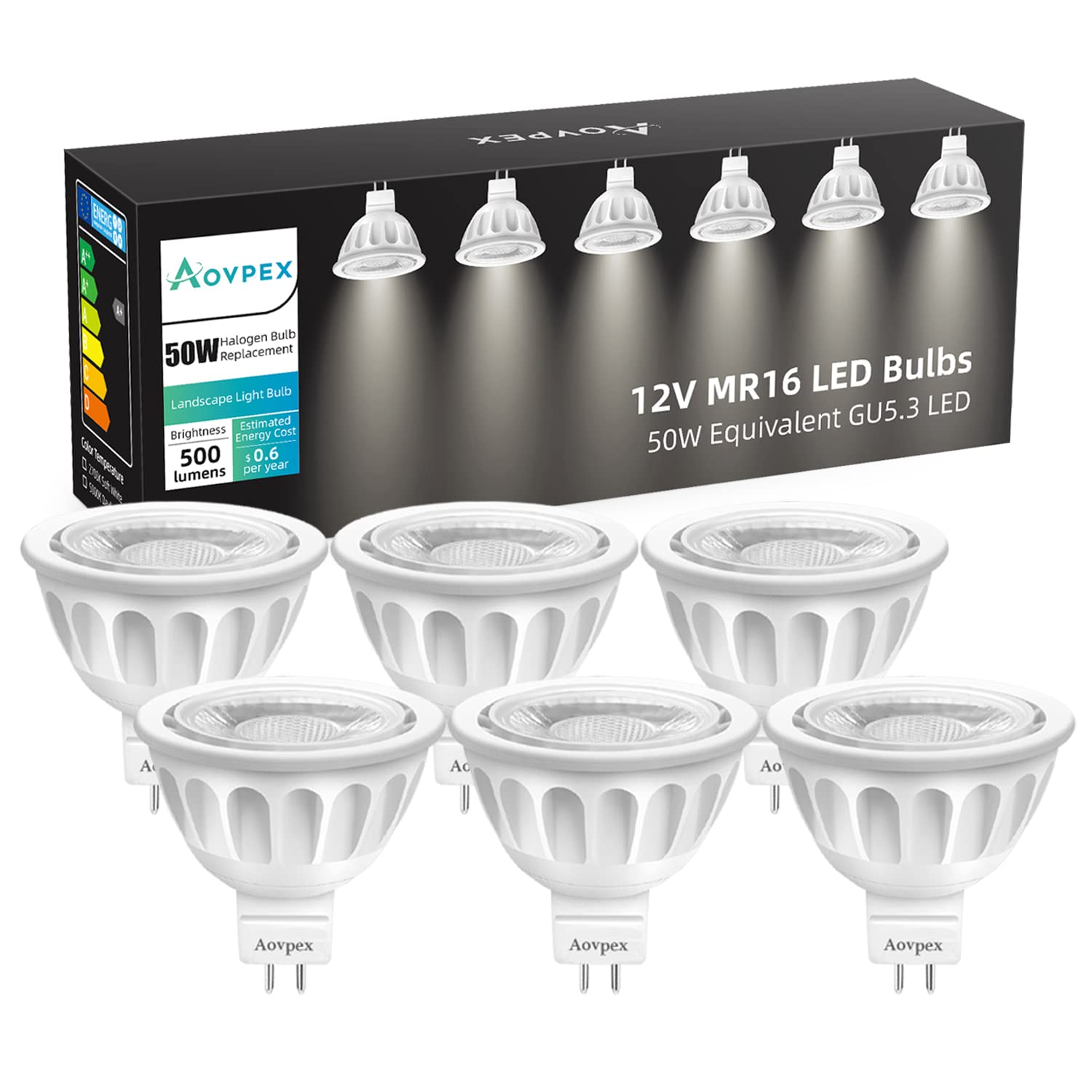 Aovpex MR16 LED Bulb 6Pack,12V 5W(50W Halogen Replacement),2700K Warm White,GU5.3 Bi-Pin Base, Non-Dimmable MR16 LED Spot Light Bulbs for Indoor Outdoor Landscape Lighting