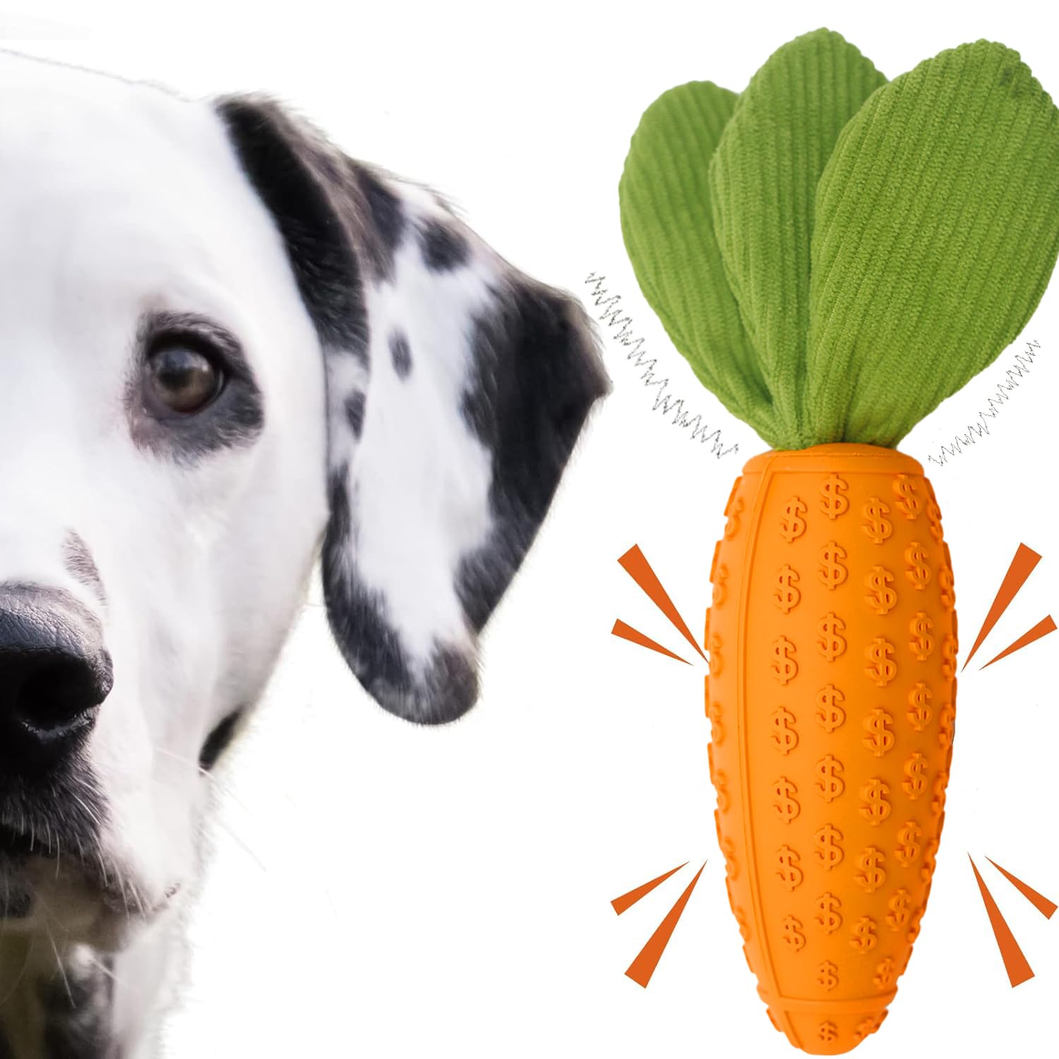 Jumbostone Dog Chew Toy, Natural Rubber Carrot Squeaky Dog Toys for Aggressive Chewers, Indestructible Dog Toys for Small and Medium Dog (Orange)