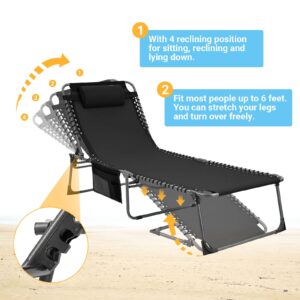 KingCamp Oversized Adjustable Folding Chaise Lounge Chair for Outdoor Patio Beach Lawn Pool Sunbathing Tanning, Heavy Duty Portable Camping Recliner with Pillow, Supports 330lbs, Black