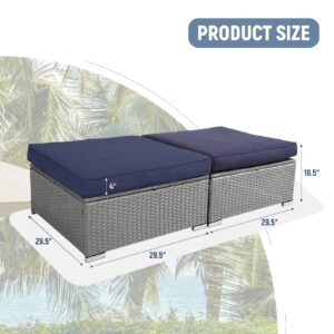 Patiomore 2 Pieces Outdoor Ottoman, All-Weather Grey Wicker Footstool Footrest Seat, Patio Rattan Sectional Furniture Set with Removable Cushions for Balcony, Backyard, Garden (Dark Blue)