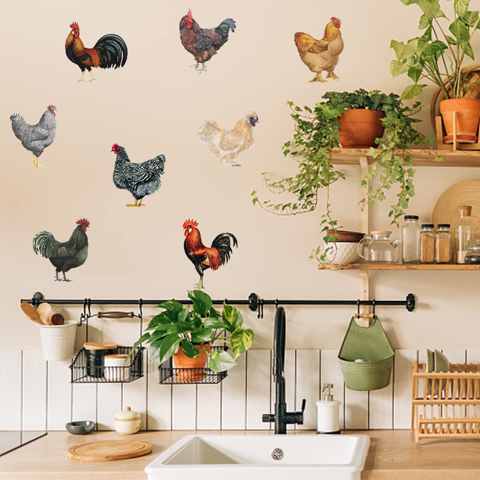 PLIGREAT 8 Pcs Roosters Hens Wall Stickers, Removable Vinyl Peel and Stick Wall Decals for Kitchen Pantry Playroom Nursery Farmhouse Wall Decoration Home Indoor DIY Window Fridge Door Wall Art Decor