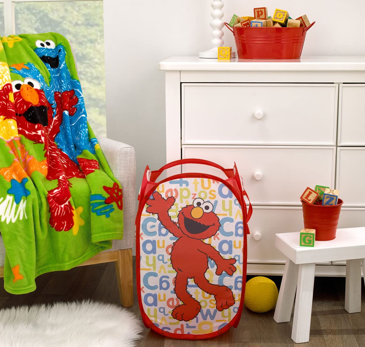 Crown Crafts Infant Products Sesame Street Elmo Pop Up Hamper - Mesh Laundry Basket/Bag with Durable Handles