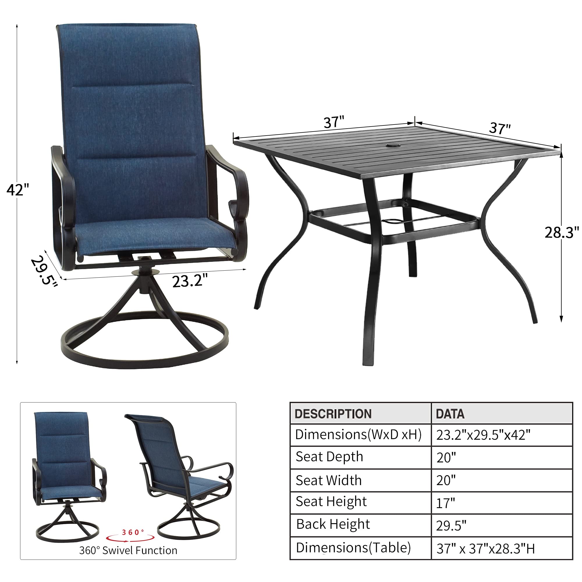 PatioFestival Patio Dining Set 5 Pieces Metal Outdoor Furniture Sets Outside Suqare Table Swivel Rocker Chairs with All Weather Frame (5Pcs, Blue)