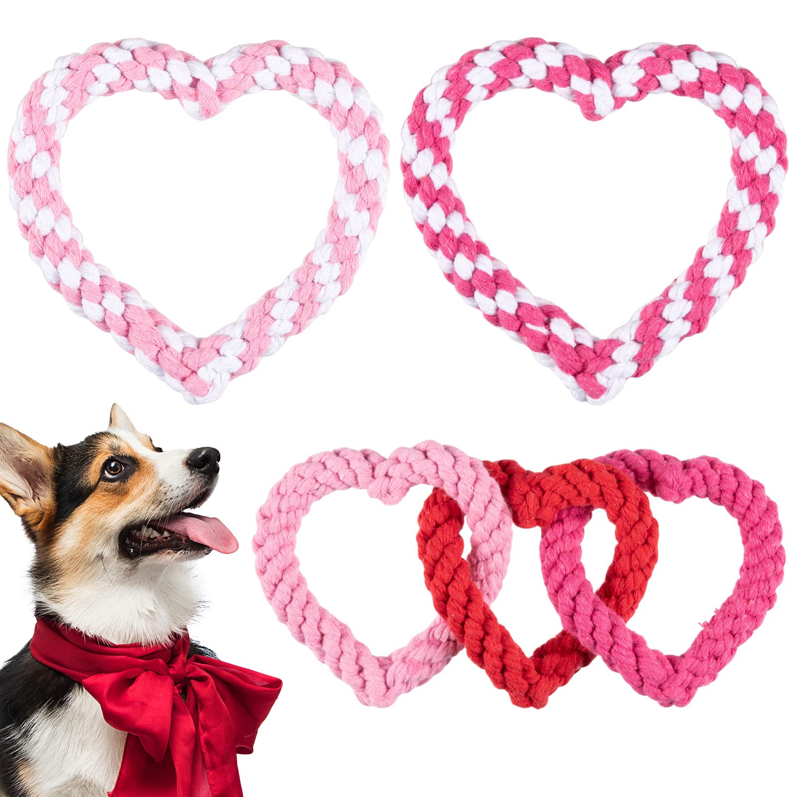 Whaline 3 Pieces Valentine's Day Dog Chew Toys Heart Shaped Dog Rope Red Pink Heart Pet Chew Rope Valentine's Day Puppy Throwing Toy for Small Medium Dog Pet Teaching Teeth Cleaning Chewing Supplies