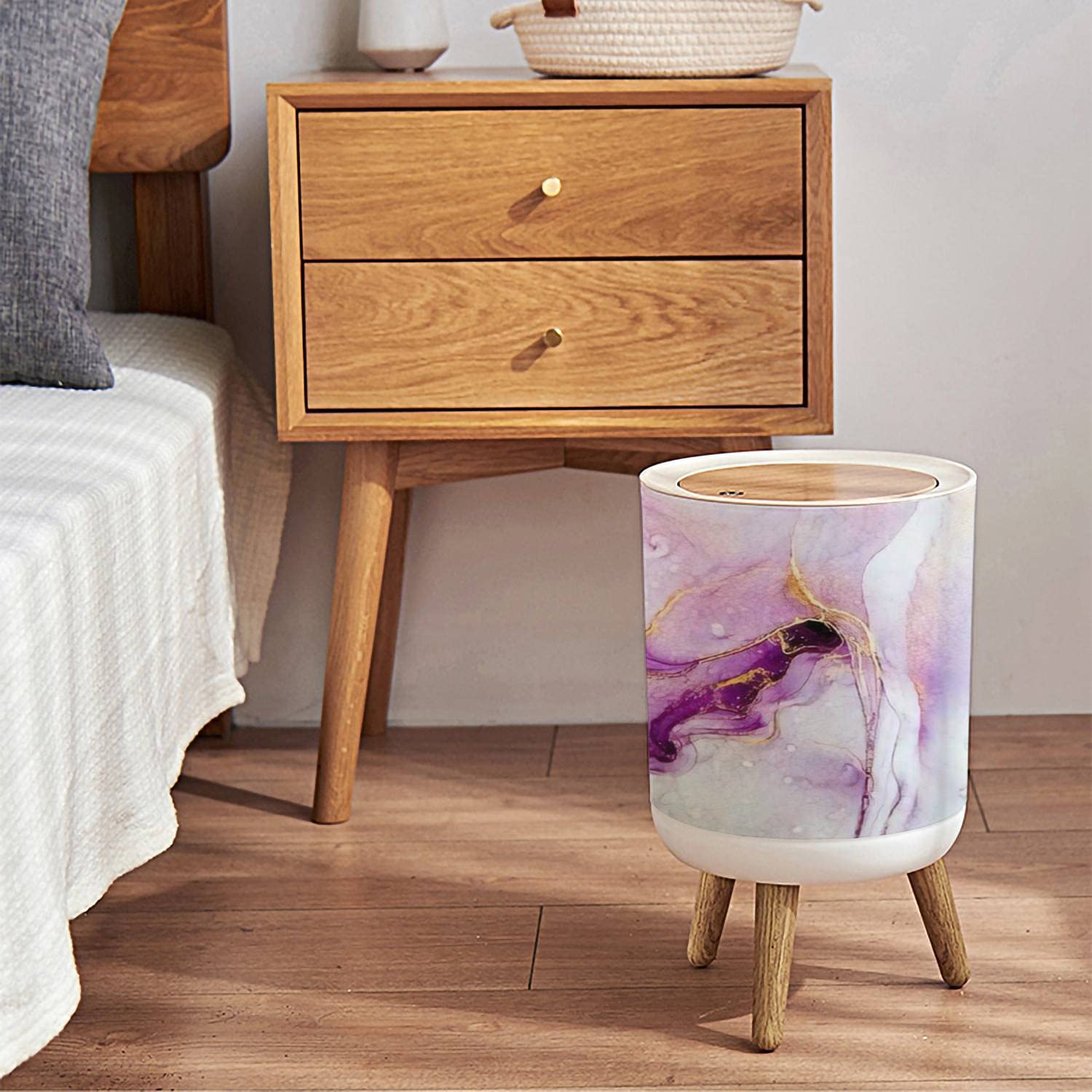 Small Trash Can with Lid Pink Purple Waves With Gold Backdrop Marble Ink Arwork Alcohol Ink Round Recycle Bin Press Top Dog Proof Wastebasket for Kitchen Bathroom Bedroom Office 7L/1.8 Gallon