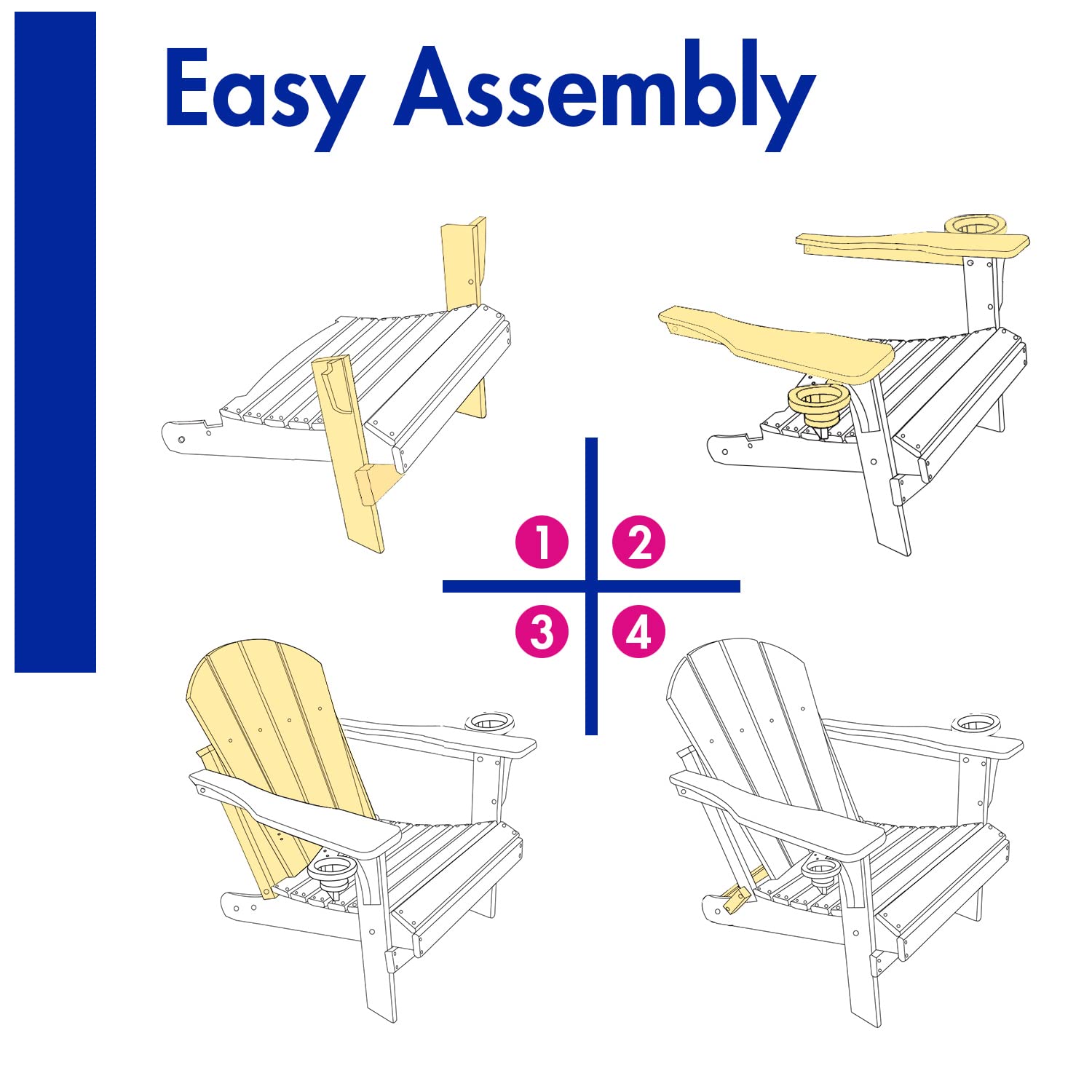 BRIOPAWS Folding Adirondack Chair with Ottoman, Weather Resistant HDPE Patio Chairs w/Cup Holders & Retractable Footrest for Poolside Lawn Fire Pit Deck Outdoor Porch Campfire, Blue, 1 Pack