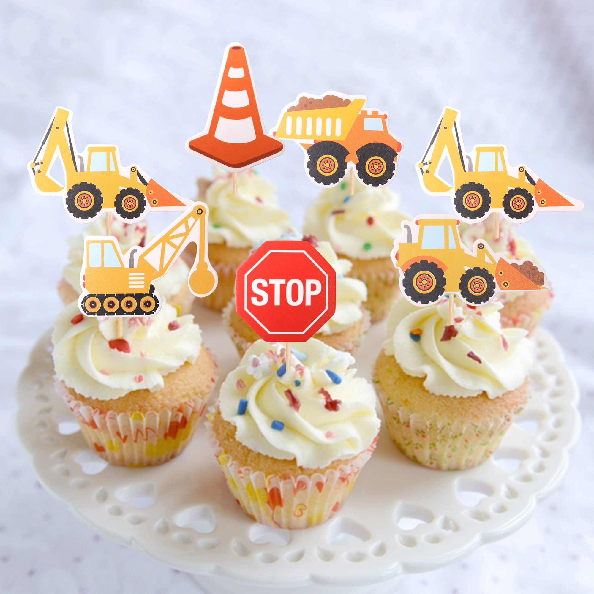 36 PCS Construction Cupcake Toppers Stop Sign Dump Truck Excavator Tractor Party Cake Food Picks Decorations for Construction Theme Baby Shower Kids Birthday Party Supplies