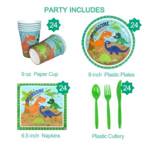 GOOCHOO 144 Pack Dinosaur Party Supplies Sets Severs 24 Person Including Plates Napkins Cups and Cutlery for Birthday Party