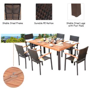 Tangkula 7-Piece Wicker Patio Dining Set, Patiojoy Outdoor Rattan Garden Yard Furniture Set, Acacia Wood Tabletop Dining Table with Umbrella Hole & 6 Stackable Rattan Chairs Set