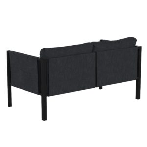 Flash Furniture Lea Indoor/Outdoor Loveseat with Cushions - Modern Steel Framed Chair with Storage Pockets, Black with Charcoal Cushions