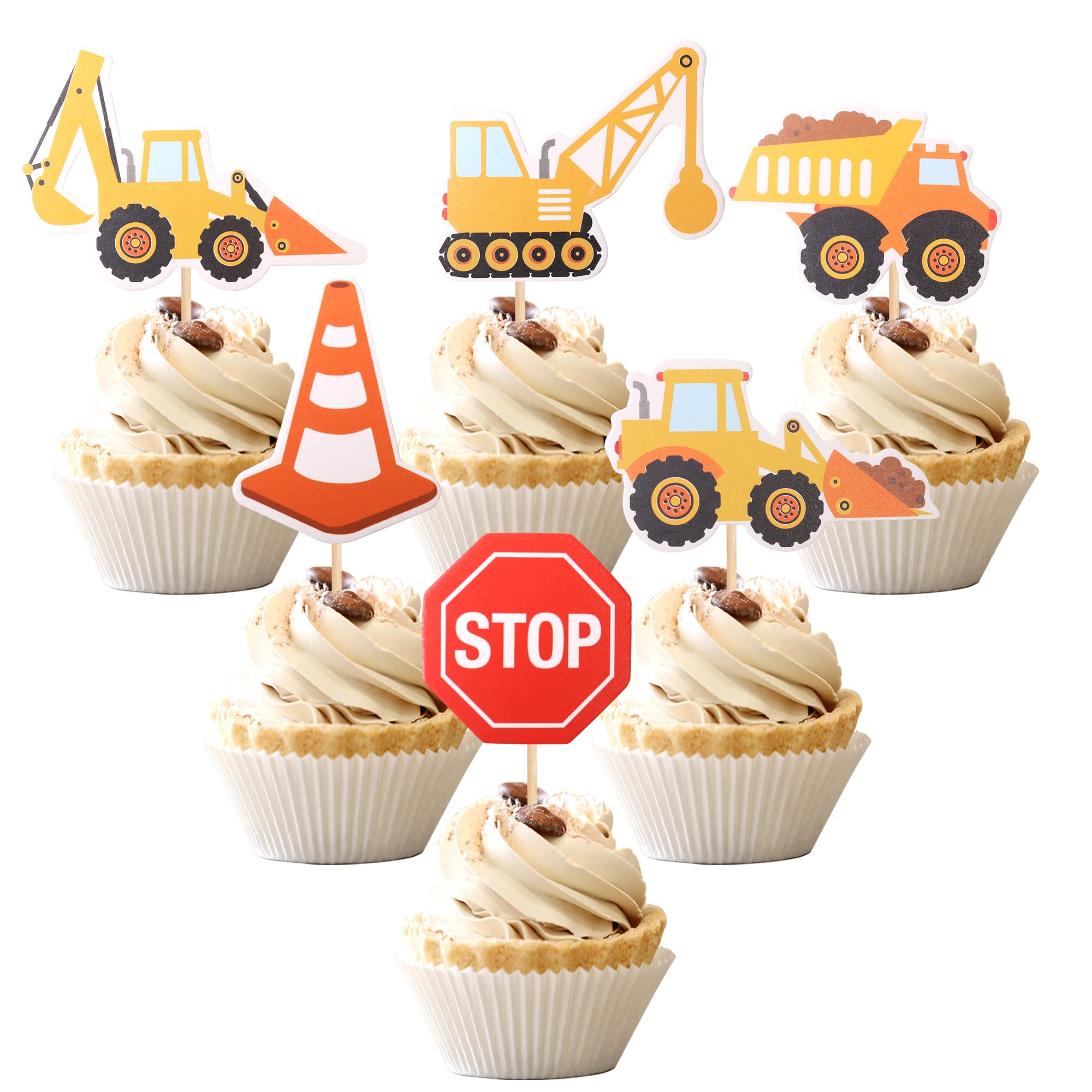 36 PCS Construction Cupcake Toppers Stop Sign Dump Truck Excavator Tractor Party Cake Food Picks Decorations for Construction Theme Baby Shower Kids Birthday Party Supplies