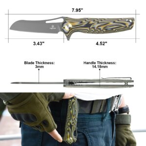 SHIELDON Bazoucan Pocket Knife 3.43" Titanium Coating D2 Blade G10 Handle Liner Lock Folding Knife with Pocket Clip for Outdoor Carry