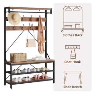 IDEALHOUSE Coat Rack Shoe Bench Industrial Hall Tree Storage Bench for Entryway, Wood Look Accent Large Shoe Rack Bench with Storage Shelf Hanging Bar,8 Hooks Rustic Brown 39.9"x15.7"x72"