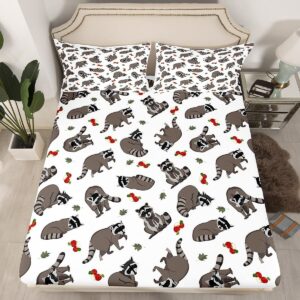 feelyou cute raccoons bedding fitted sheet cartoon raccoon bed sheet set for kids boys girls lovely fruits leaves decor bedding sheets grey animal bed cover with 2 pillowcases 3pcs bedding queen