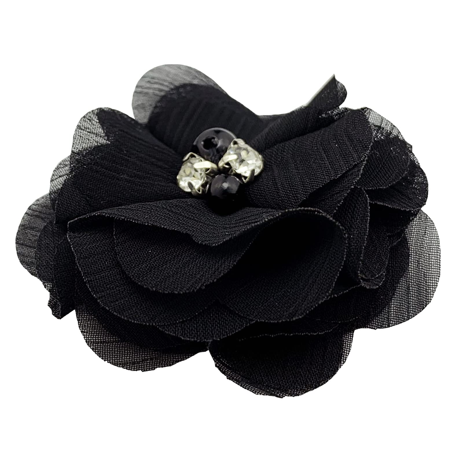 30pcs Rhinestone Chiffon Flower 2" Sewing Fabric Appliques for Clothing Craft Party Wedding Decor Tassel Topper Decoration Gift Wrapping Headbands Hair Accessories DIY (Black)