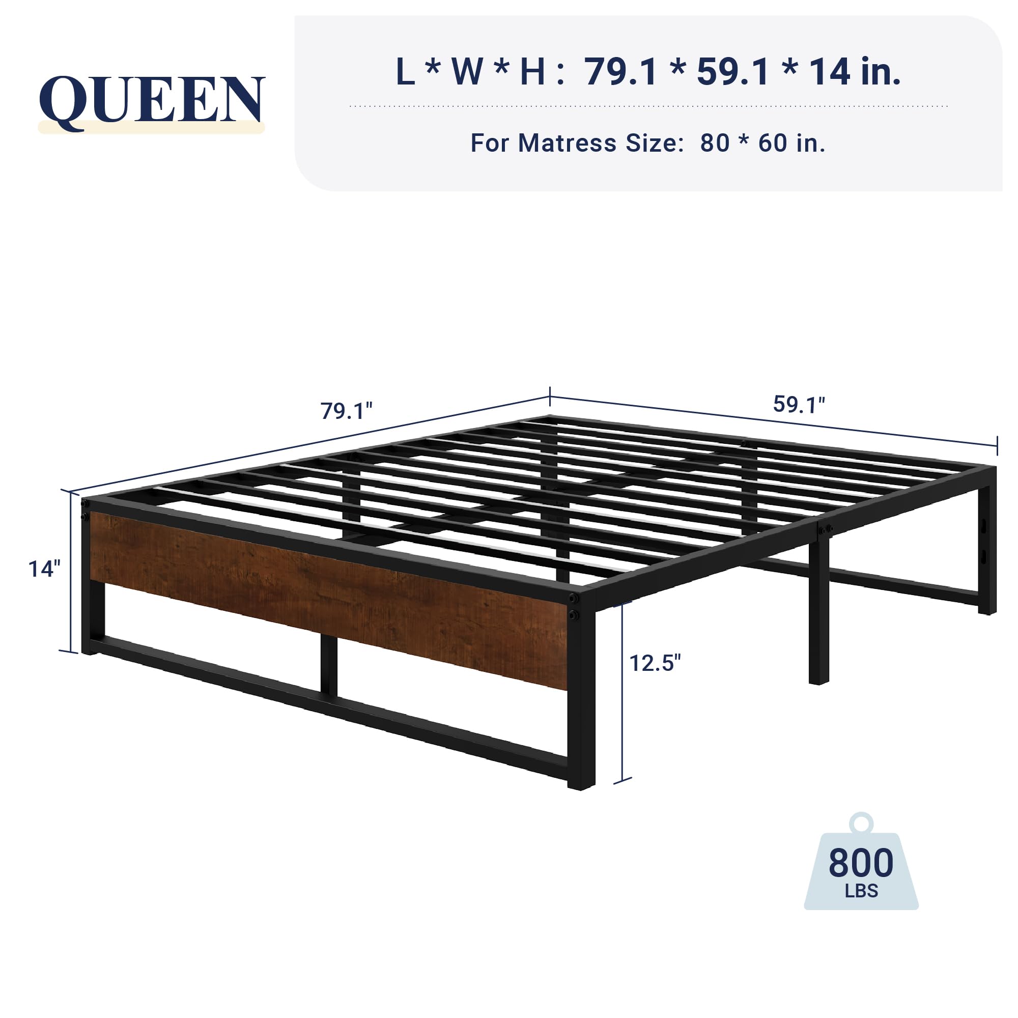 Allewie Queen Size 14 Inch Metal Platform Bed Frame, Mattress Foundation with Metal Slats Support, No Box Spring Needed, Easy Assembly, Black