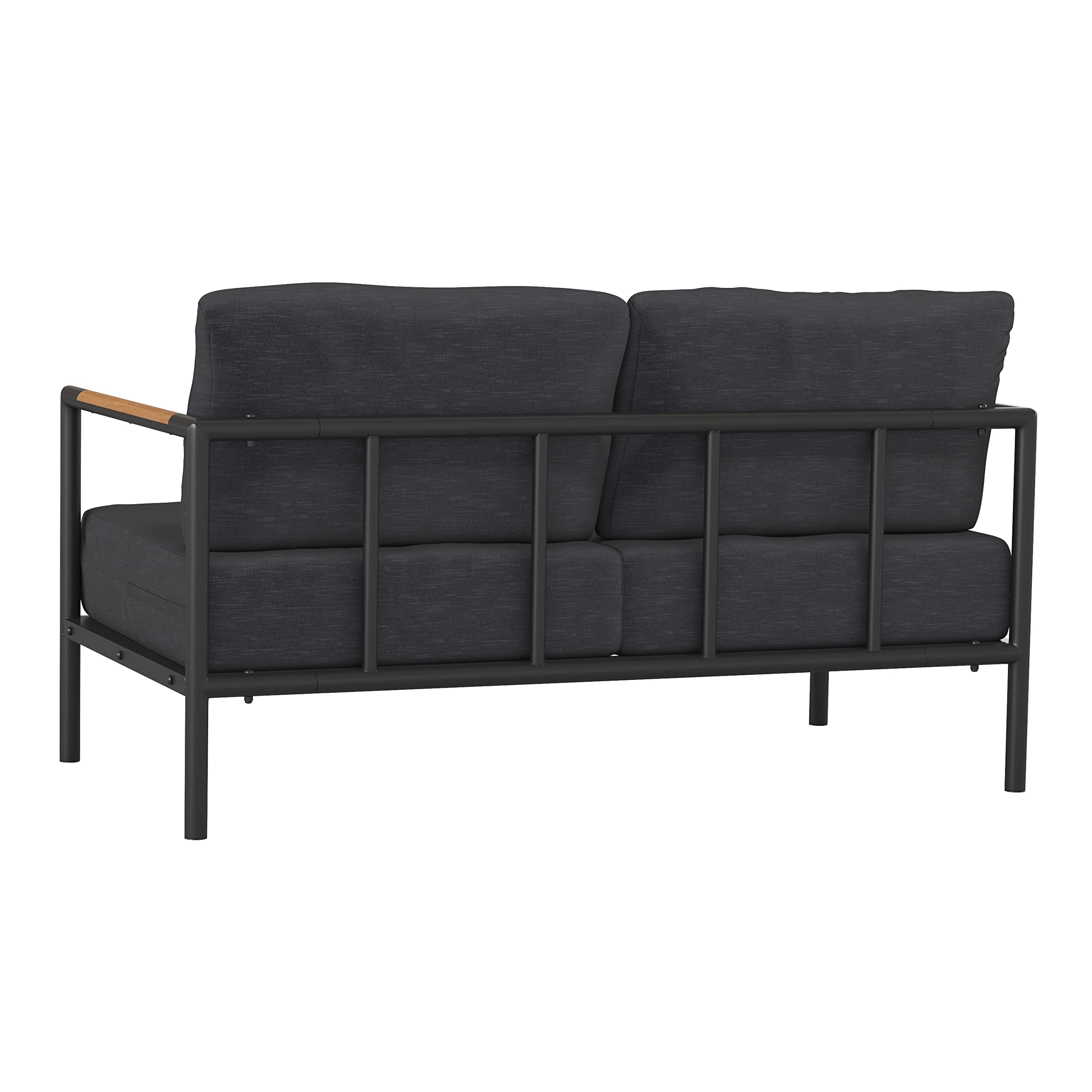 EMMA + OLIVER Black Aluminum Frame Loveseat with Teak Arm Accents and Charcoal Cushions