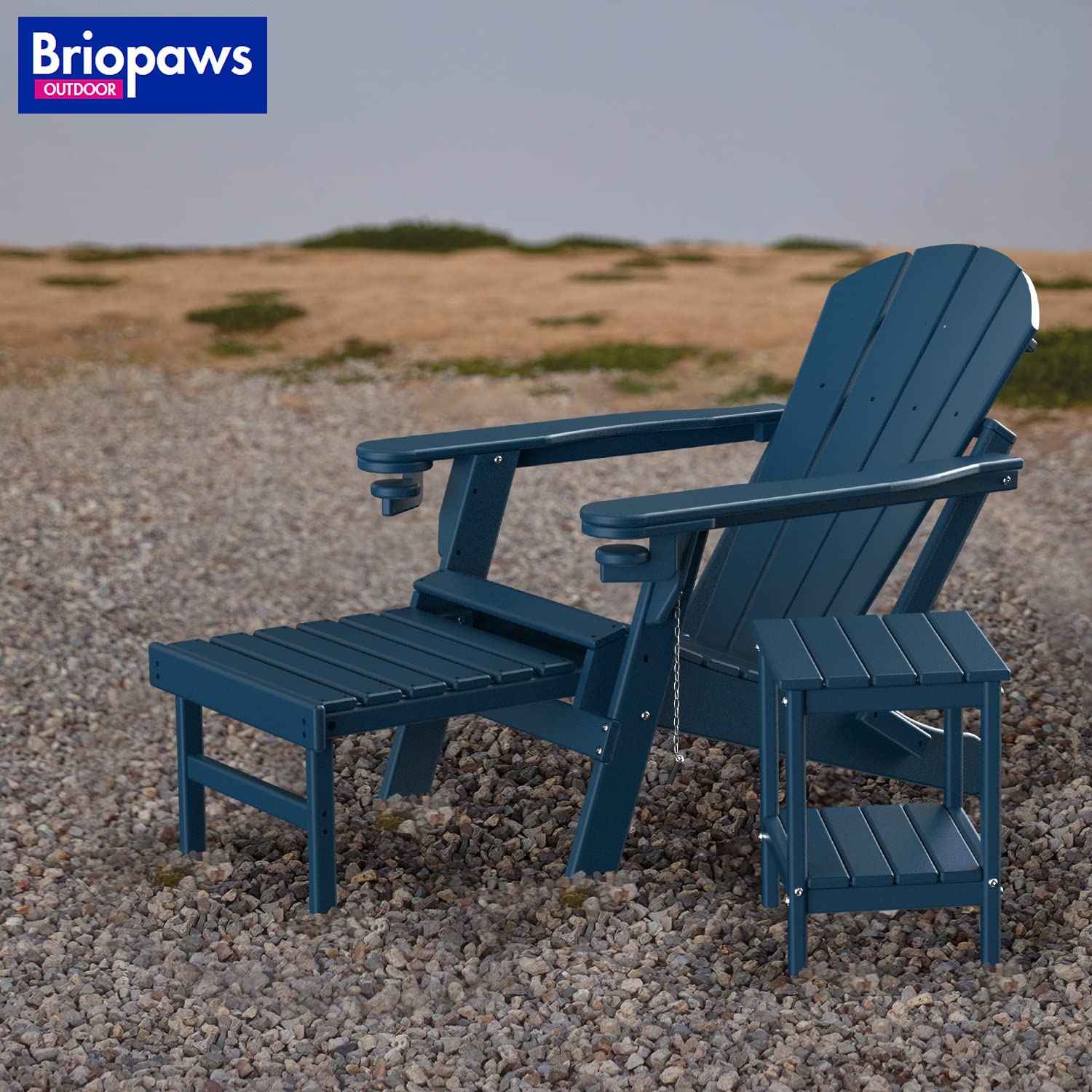 BRIOPAWS Folding Adirondack Chair with Ottoman, Weather Resistant HDPE Patio Chairs w/Cup Holders & Retractable Footrest for Poolside Lawn Fire Pit Deck Outdoor Porch Campfire, Blue, 1 Pack