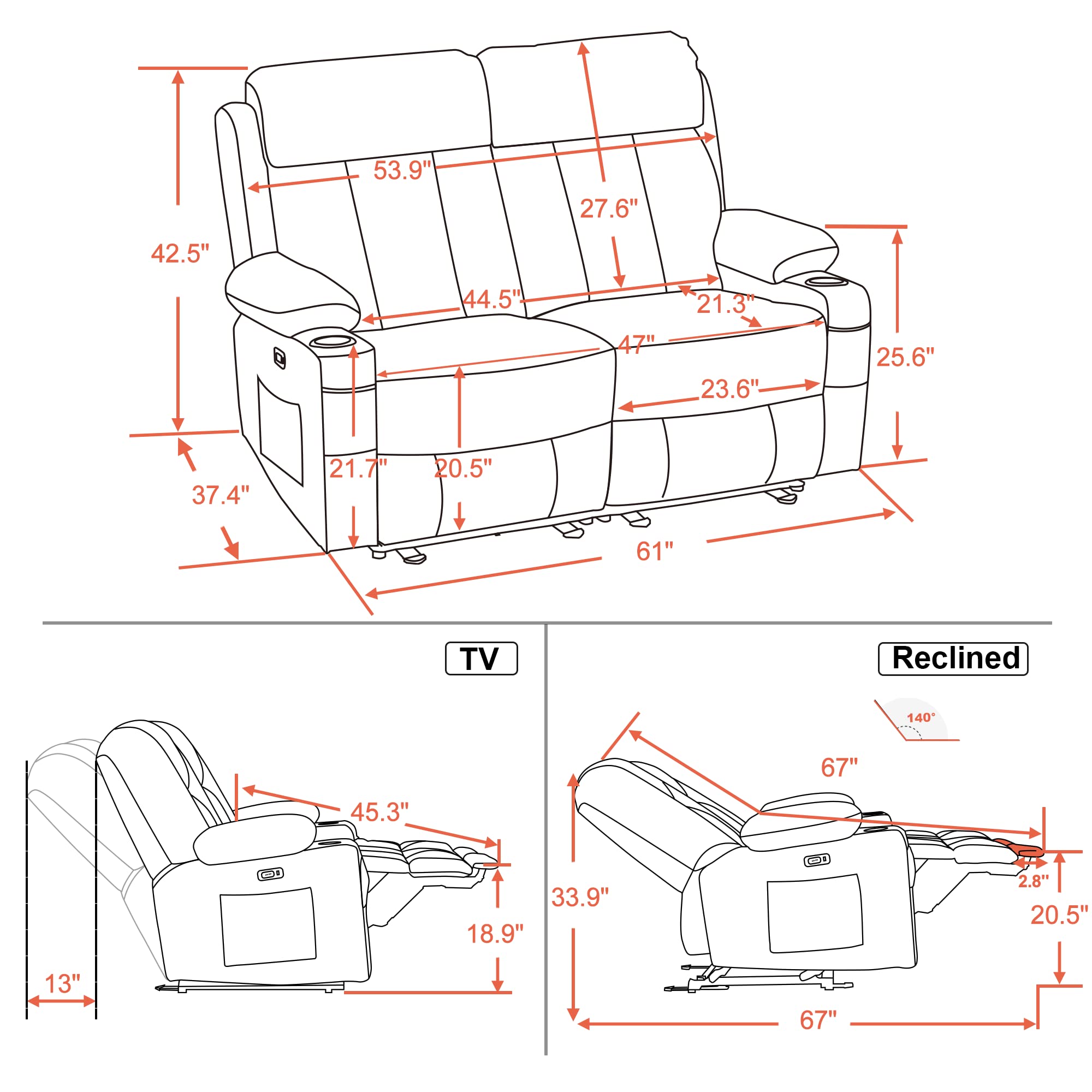 MCombo Power Loveseat Recliner, Electric Reclining Loveseat Sofa with Heat and Vibration, Cup Holders, USB Charge Port for Living Room 6075 Faux Leather (Loveseat Recliner, Dark Brown)