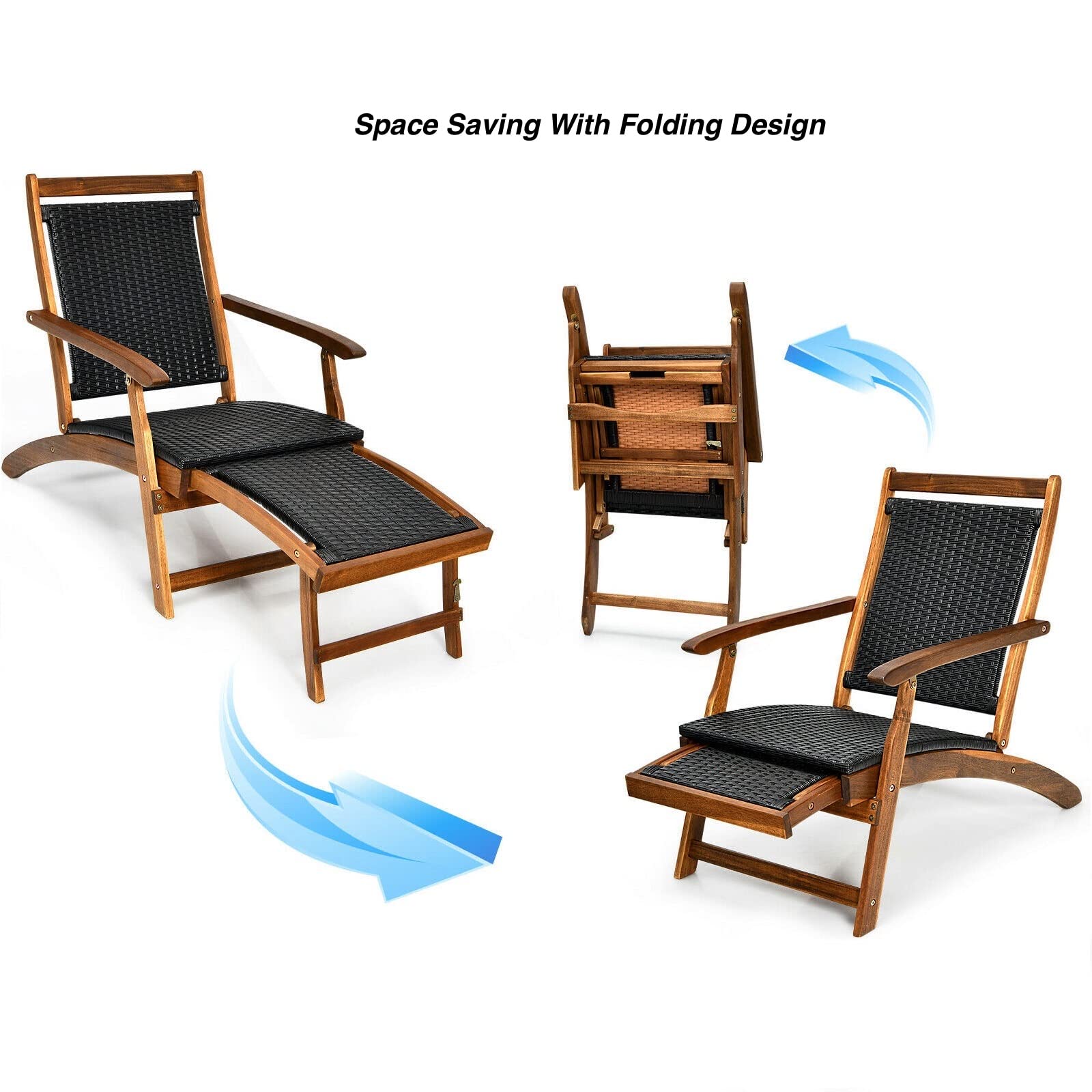 2PCS Outdoor Patio Folding PE Rattan Lounge Chair Chaise Lounge Deck Chair Recliner Sunbathing Bed Retractable Footrest Flexible Transformation Between Lounge Chair to Armchair Ergonomic Backrest