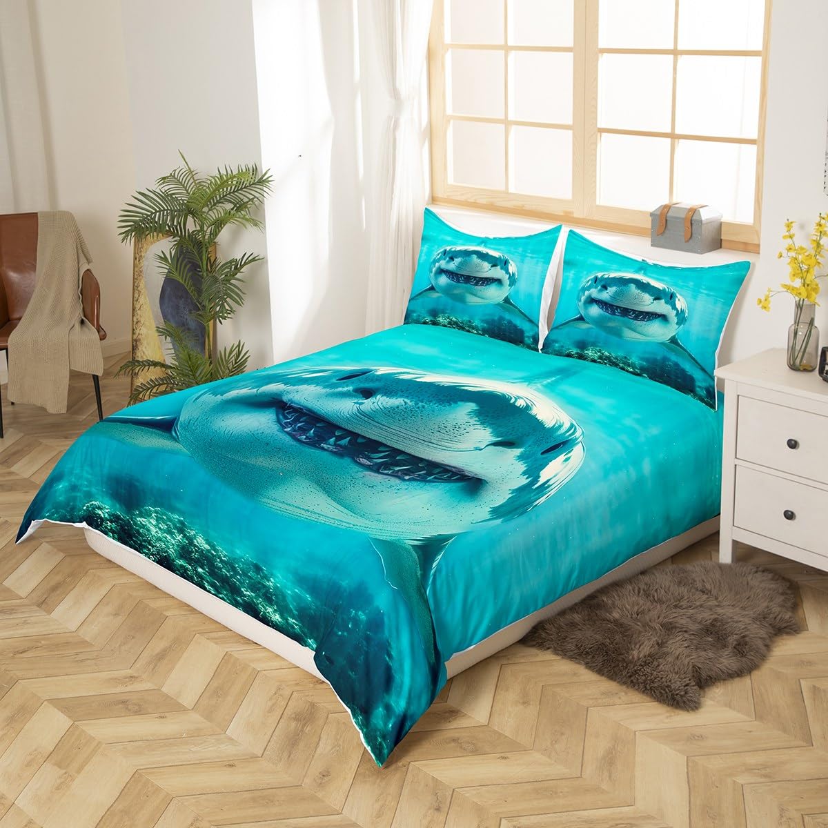 Shark Pattern Bedding Set Twin Size for Kids Boys Bedroom,Sea Animals Bed Duvet Cover Set,Shark Fish Print Comforter Cover Hawaiian Beach Decor 2 Pieces 1 Duvet Cover with 1 Pillowcase（No Comforter）