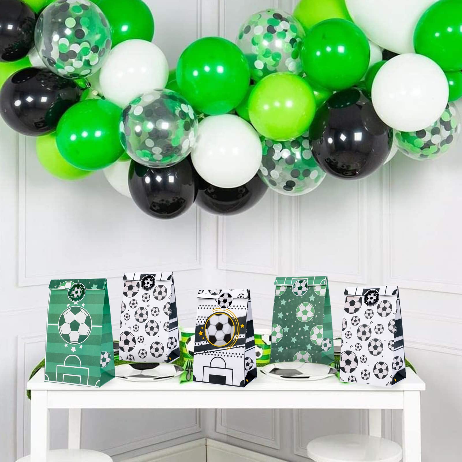 Qpout Soccer Party Bag Set of 12, Green and White Soccer Goodie Bags, Soccer Gift Bags for Team, Soccer Party Bags for Birthday Party Favors Candy Cookies Chocolates Kids Treats