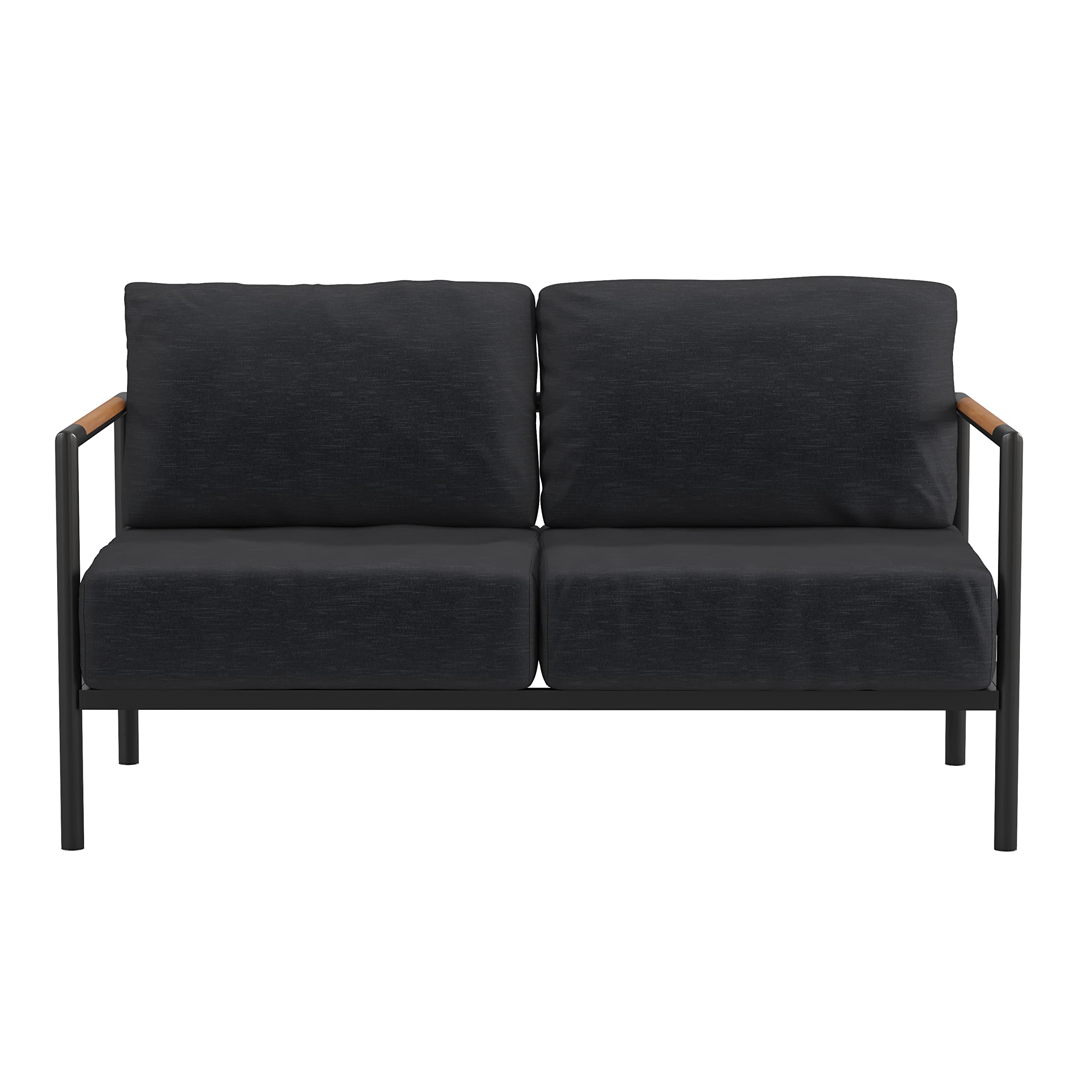 EMMA + OLIVER Black Aluminum Frame Loveseat with Teak Arm Accents and Charcoal Cushions