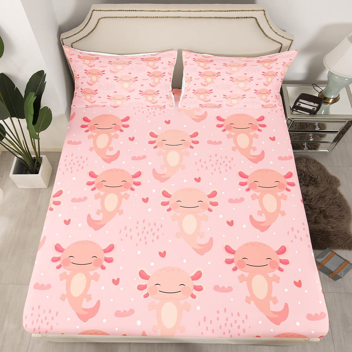 Erosebridal Axolotl Kawaii Bedding Set Twin Size Cute Axolotl Bed Sheet for Kids Girls Teens Cartoon Axolotls Fitted Sheet Reptile Animal Fitted Bed Sheet Bedroom Decor with 1 Pillowcase, Pink