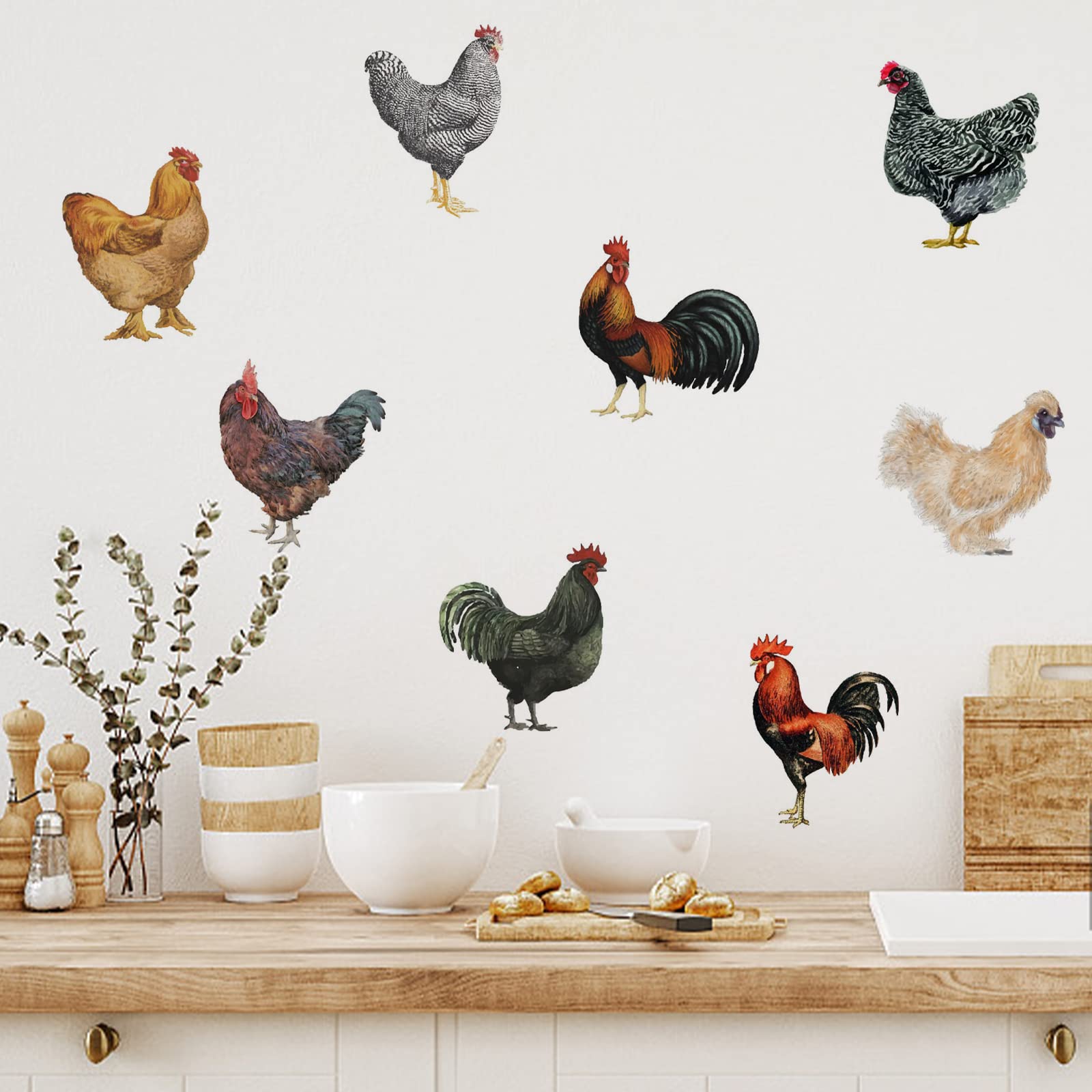 PLIGREAT 8 Pcs Roosters Hens Wall Stickers, Removable Vinyl Peel and Stick Wall Decals for Kitchen Pantry Playroom Nursery Farmhouse Wall Decoration Home Indoor DIY Window Fridge Door Wall Art Decor