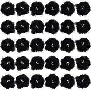 30pcs rhinestone chiffon flower 2" sewing fabric appliques for clothing craft party wedding decor tassel topper decoration gift wrapping headbands hair accessories diy (black)