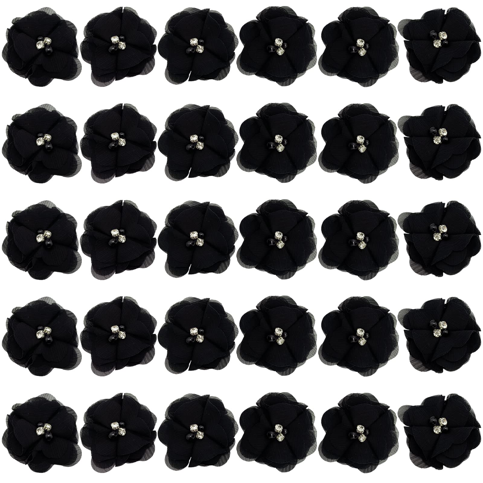 30pcs Rhinestone Chiffon Flower 2" Sewing Fabric Appliques for Clothing Craft Party Wedding Decor Tassel Topper Decoration Gift Wrapping Headbands Hair Accessories DIY (Black)