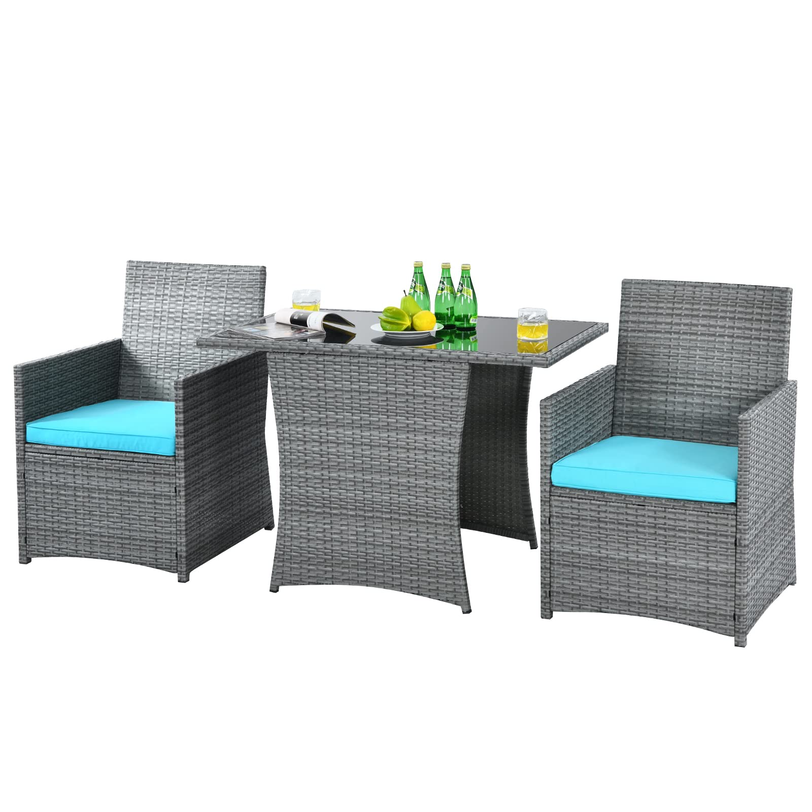 HAPPYGRILL 3-Pieces Outdoor Wicker Bistro Set Space-Saving PE Rattan Dining Table Set with Cushioned Chairs, Patio Conversation Set for Backyard Porch Garden and Poolside