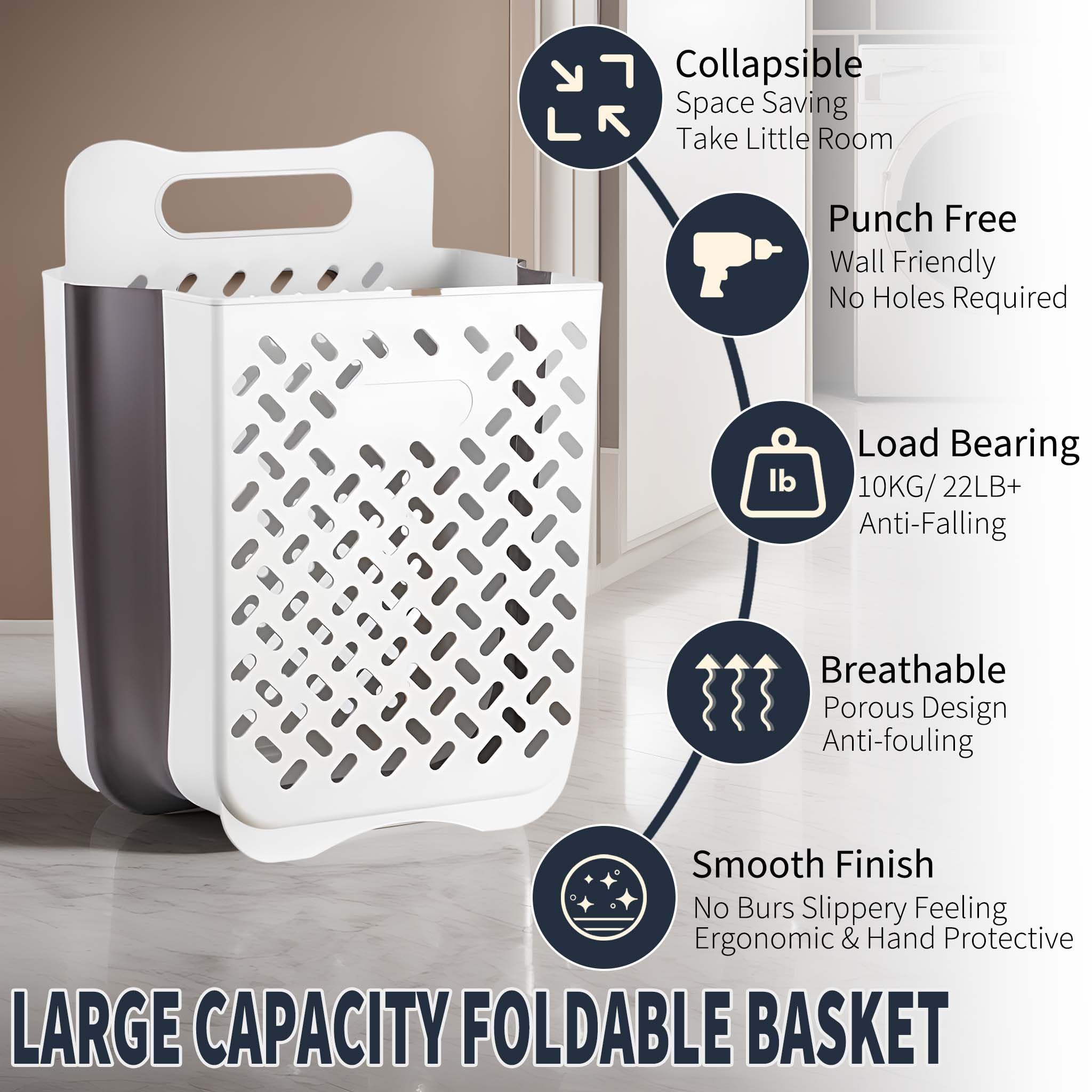 Pansyling Plastic Foldable Laundry Basket with Handle, 42L Wall Mounted Laundry Hamper Freestanding Dirty Clothes Hamper, Collapsible Laundry Baskets Pop Up Hamper Storage Container for Snacks Dolls