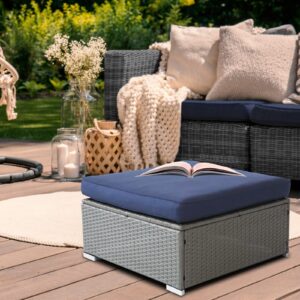 Patiomore 2 Pieces Outdoor Ottoman, All-Weather Grey Wicker Footstool Footrest Seat, Patio Rattan Sectional Furniture Set with Removable Cushions for Balcony, Backyard, Garden (Dark Blue)