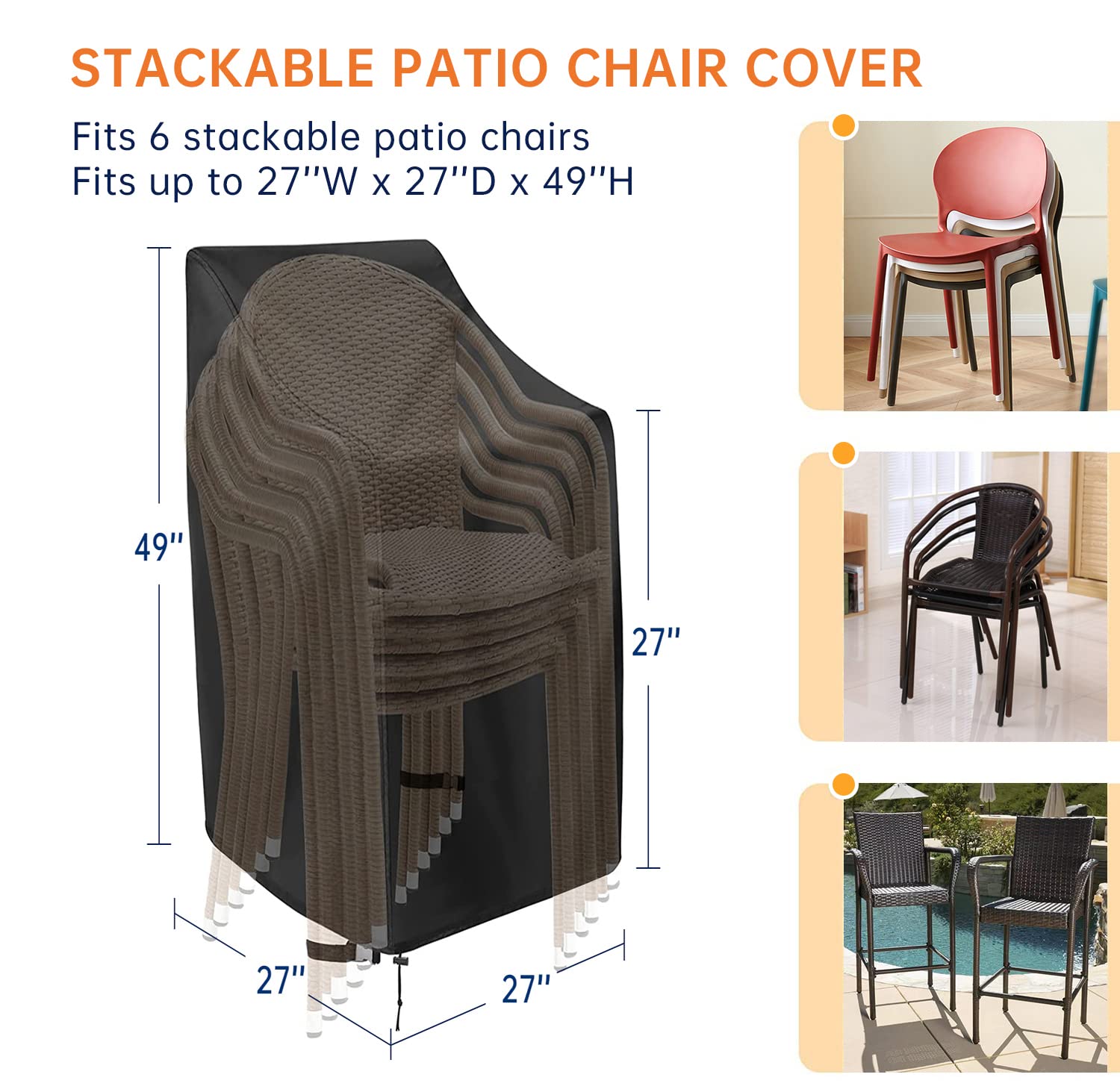 MAVINCHER Stackable Patio Chair Covers for Outdoor Furniture, Outdoor Chair Covers Waterproof, 600D Heavy Duty Lawn Outside Barstool Covers,Fits for 4-6 Stackable Dining Chairs,27"Lx27"Wx49"H, 4 Pack