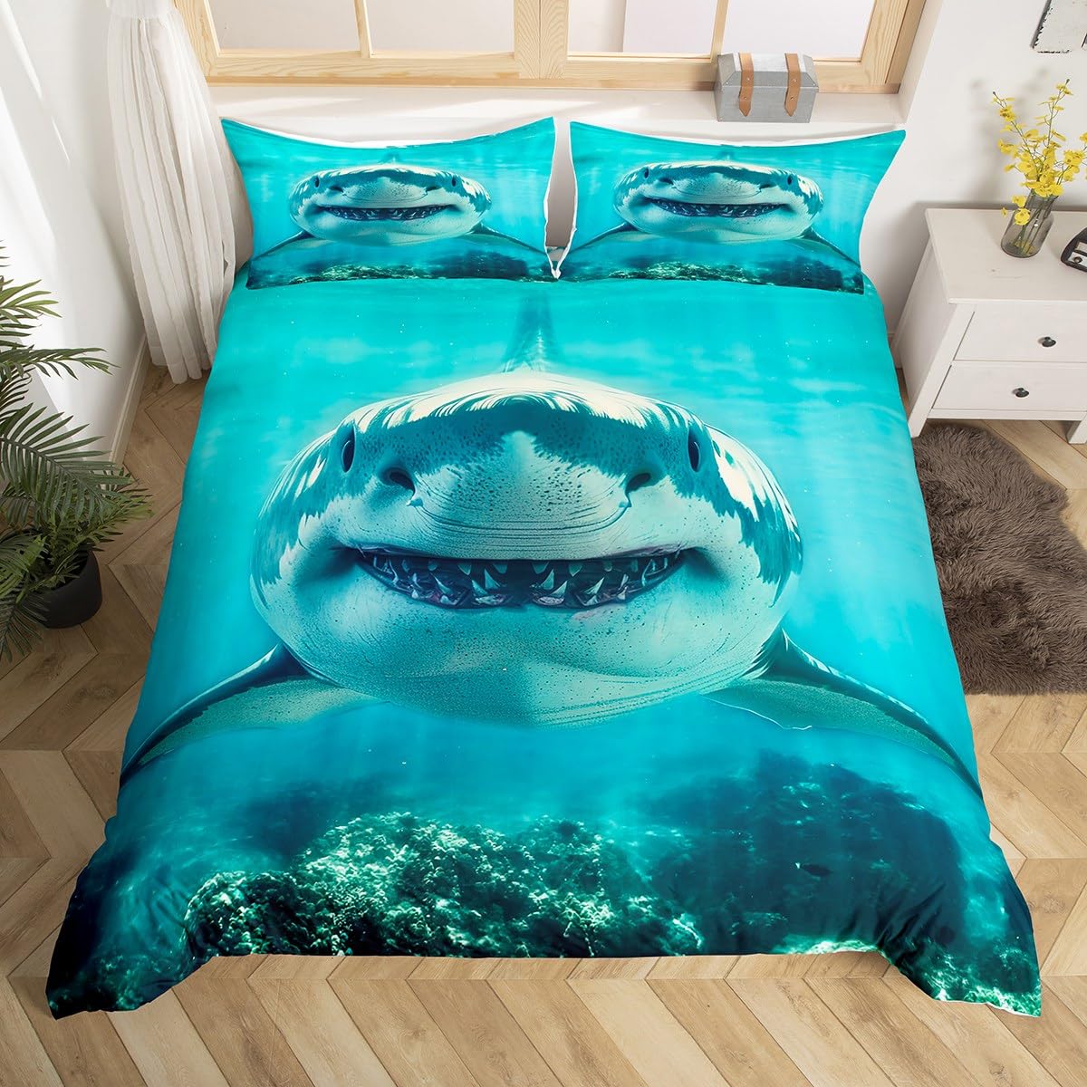 Shark Pattern Bedding Set Twin Size for Kids Boys Bedroom,Sea Animals Bed Duvet Cover Set,Shark Fish Print Comforter Cover Hawaiian Beach Decor 2 Pieces 1 Duvet Cover with 1 Pillowcase（No Comforter）