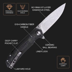 SHIELDON Charkos Folding Knife VG10 Core 67 Layers Damascus Steel 4" Drop Point Blade Forest G10 Carbon Fiber Overlay Handle Pocket Knife with Pocket Clip