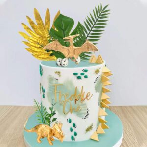 16 PCS Metallic Gold Dinosaur Cake Decorations Dino Theme Cake Topper with Artificial Palm Leaves Dinosaur Eggs for Kids Boys Girls Baby Shower Birthday Party Supplies